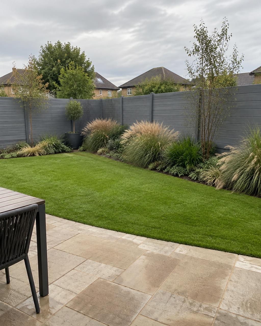 Modern garden with sandstone patio, lawn and ornamental grasses